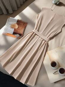 SHEIN LUNE 女士优雅休闲半拉链收腰A字连衣裙，春夏 - 杏色 - 查看 2