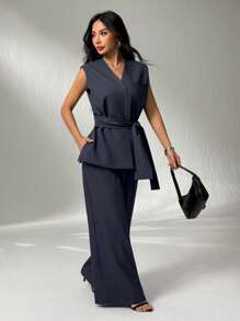 SHEIN PETITE 女款无袖西装外套+西装裤 秋冬黑白条纹西装 - 黑色 - 查看 5