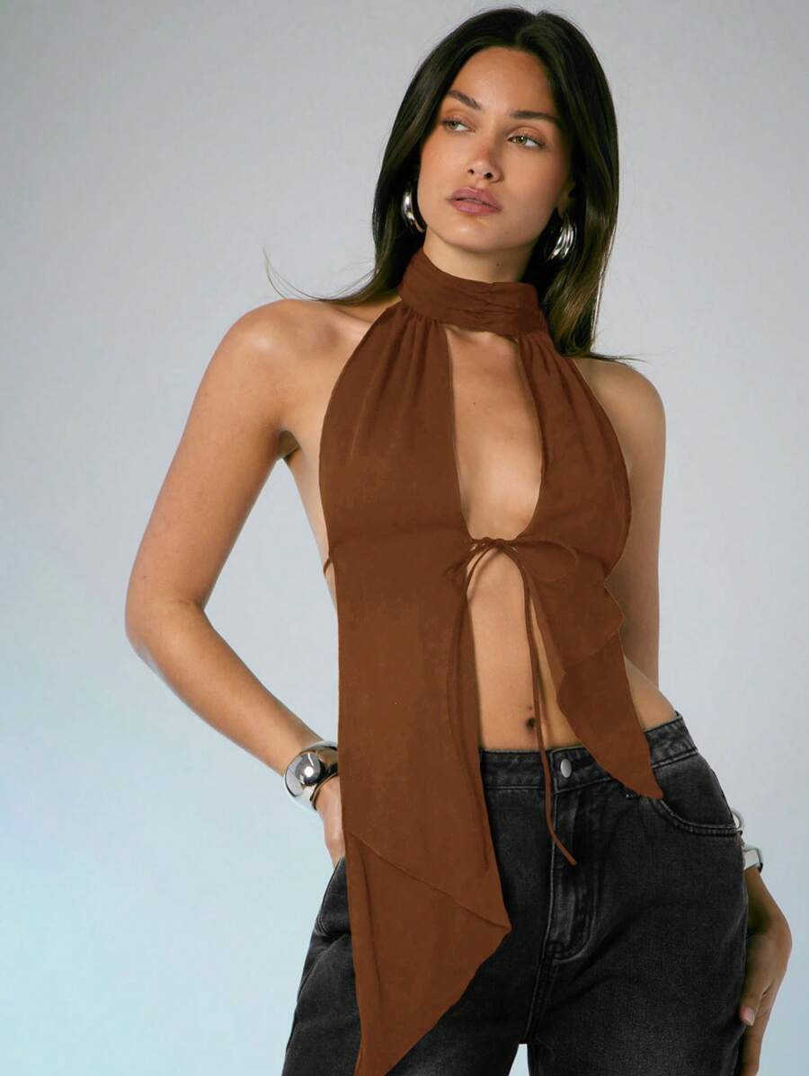 Denimoi Spring And Summer Solid Open Back Cut Out Sexy High Neck Mesh Halter Top, Backless Top, Vacation, Summer, Fashionable, Clubbing, Sexy Tops