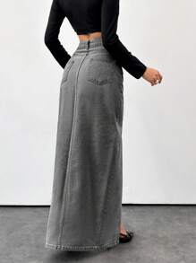 SHEIN Cottnline Women's Long Denim Skirt With Pockets And Slit Hem, Casual - Light Grey - View 2