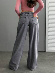 EURMUSE Women Floral Embroidered Low Waist Wide Leg Loose Casual Jeans - Dark Grey - View 2