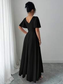 Elenzga Ruffle Sleeve V-Neck A-Line Minimalist Elegant Romantic Sophisticated Ladies Formal Black Dress - Black - View 2