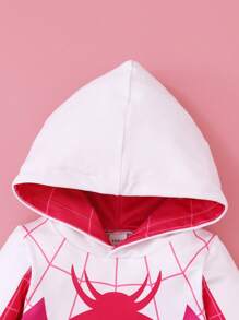 女婴撞色拼接蜘蛛印花连帽连体衣