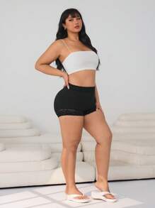 SHEIN EZwear Plus Size Solid Color Lace Splice High Waist Leggings,Summer - Black - View 5