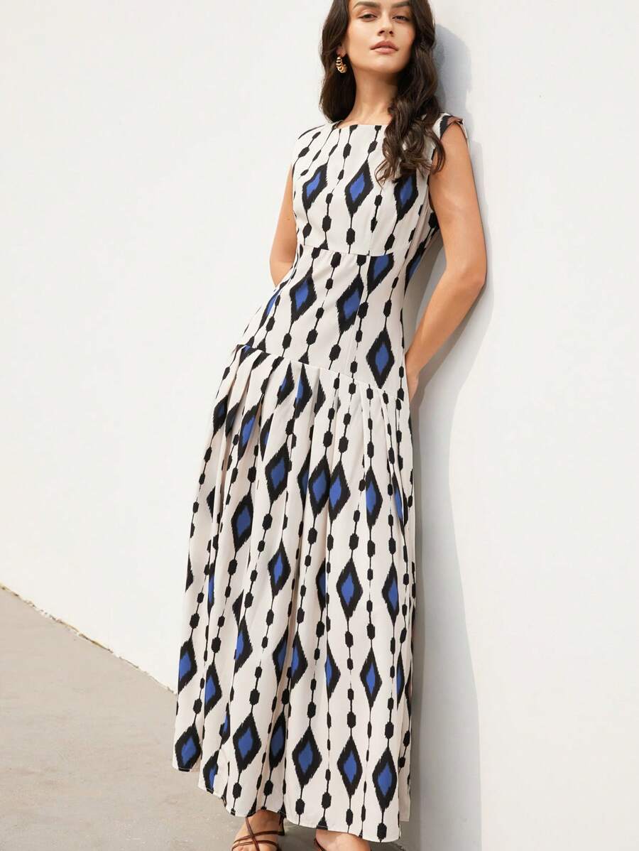 Aveloria Modichic Elegant & Charming Sleeveless Ruched Waist Low Waist Ruffle Hem Design Dress, Suitable For Work - Multicolor - View 1