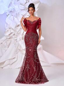 Glamrae Elegante y lujoso vestido de bola satinado, fruncido y con cola de pez con cuentas y lentejuelas, adecuado para bodas, fiestas, vacaciones, galas y eventos formales (resistente)