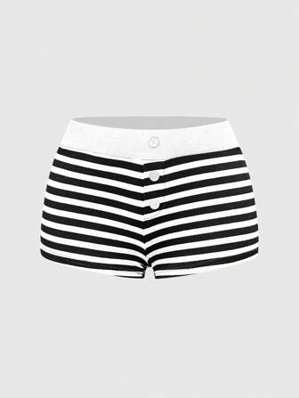 Fairycore Plus Size American Black & Gray Striped Snap Button Triangular Boyshorts