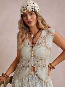 SHEIN VCAY Áo len dệt kim khoét lỗ màu trơn cỡ lớn dành cho nữ, áo mùa hè, áo ren đi biển, áo len cardigan thường ngày cho nữ vào mùa thu/đông - Màu be - Xem 3