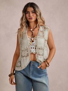 SHEIN VCAY Áo len dệt kim khoét lỗ màu trơn cỡ lớn dành cho nữ, áo mùa hè, áo ren đi biển, áo len cardigan thường ngày cho nữ vào mùa thu/đông - Màu be - Xem 4