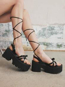 Sugerpunk Women's Chunky Platform Round Toe Punk Style Thick Bottom Fashion Sandals With Bowknot Strap Decor - Black - View 7