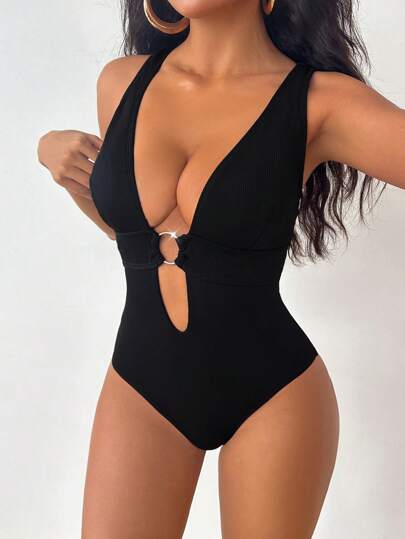 Swim EVENT Traje de baño de una pieza sexy con diseño de anillo circular y escote en V profundo, unicolor, para el verano