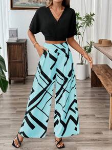 Rafferiza 2pcs Set: Cropped Solid Color Cardigan With Plaid Print Pleated Straight Leg Casual Pants, Commute Style