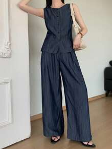 DAZY 2 件套女士夏季休闲牛仔圆领无袖上衣和宽松长裤牛仔套装 - 深色水洗藍 - 查看 3