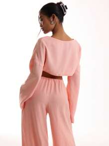 MUSERA Linen Feel Tie Front Wide Sleeve Beach Top Vacation  Spring Vacation Peach Holiday Sexy Going Out Top Elegant - Orange - View 2