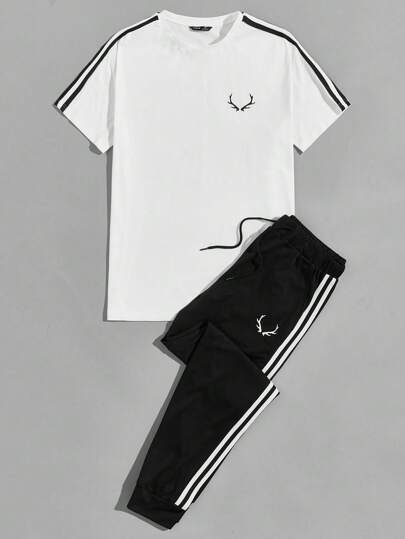 طقم قميص قصير الأكمام وبنطلون جوجر مطبوع بشريط قطني للرجال، ملابس صيفية مريحة، أزواج