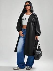 RueChic 女士纯色灯笼袖长袖系带秋季休闲街头风黑色中长款宽松外套 - 黑色 - 查看 4
