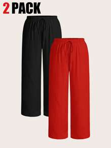 SHEIN EZwear 2件套大码女式系腰阔腿宽松裤 - 紅色 - 查看 6