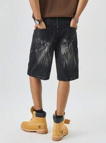 Manfinity Hypemode 男式宽松口袋破洞百慕大牛仔短裤 - 黑色 - 查看 2