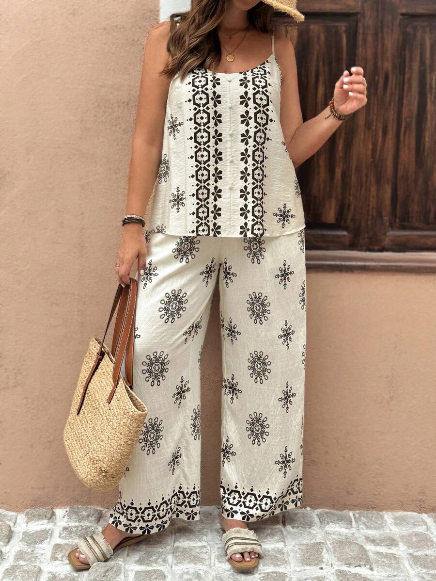 Breezaya Plus Size Women's Black And White Summer Boho Elegant Vacation Holiday French Style Retro Print Wrap Front Cami Top & Elasticized Waist Pants Set - Apricot - View 1