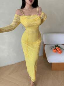 Modelyn Đầm dự tiệc thanh lịch tay dài ren dây mảnh cho nữ cổ khoét sâu - Màu vàng - Xem 6