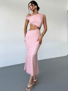 Firerie Vestido femenino nuevo de color rosa con detalles calados asimétricos en los hombros y la cintura, con cuentas especiales en la espalda descubierta. Vestido de textura rosa con pequeños lunares tridimensionales, adecuado para vacaciones en la playa, fiestas de jardín, atuendos de ocio/vacaciones, atuendos de cumpleaños, atuendos de club, ropa de festival, vestidos de graduación para mujer. - Rosa - Ver 8