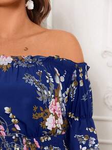 SHEIN VCAY 大码露肩花卉印花长袖超长连衣裙，度假风格