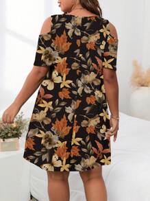 EMERY ROSE Casual Minimalist Fallen Leaves Print Off-Shoulder Short Sleeve Loose Plus Size Dress Suitable For Going Out - Multicolor - View 2