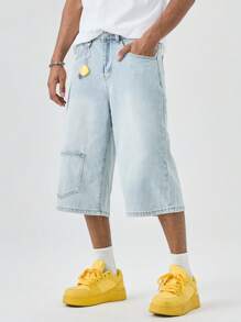 Manfinity EZcore 男式口袋宽松阔腿休闲牛仔百慕大短裤 - 淺色水洗藍 - 查看 3