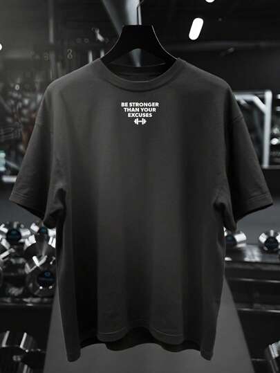 Manfinity Sport Corelite Men's Loose Drop Shoulder Graphic Slogan Print Casual T-Shirt, Summer Athletic Tee Exercise Shirts Gym Tshirt Breathable Comfortable Sweat-Wicking Slim Fit For Gym Casual Oversized T-Shirt