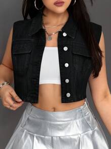 SHEIN ICON Casual Washed Sleeveless Cropped Denim Jacket
