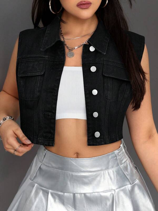 SHEIN ICON Casual Washed Sleeveless Cropped Denim Jacket