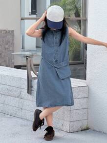 Girls Sleeveless Denim Jumper Dress, Tween Girl Autumn Clothes - Blue - View 4