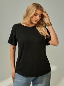 SHEIN Essnce Nữ Plus Size Loose Fit Twist Back Áo phông màu đen thông thường có đường cắt - màu đen - Xem 2