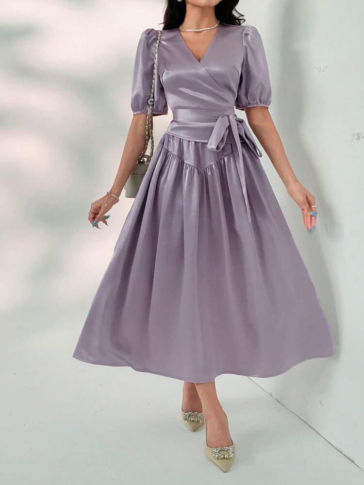 2-Piece Set: Solid Color V-Neck Puff Sleeve Tie Blouse & Skirt For Women