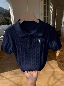 Comfortcana Women's Casual Everyday Embroidered Star Navy Blue Short Sleeve Twist Knit Top Fall Tops,Tops For School