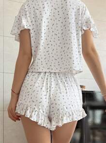 DAZY 2 件套女士碎花荷叶边睡衣套装 - 上衣和短裤 - 白色 - 查看 2