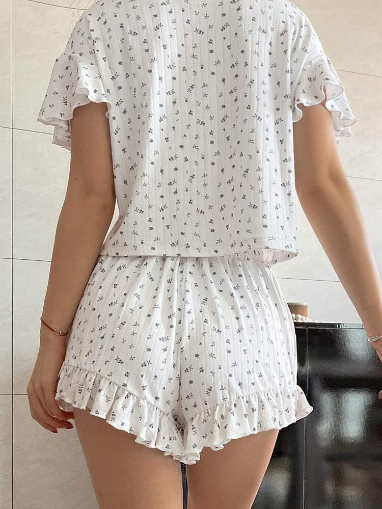 2pcs Women's Ditsy Floral Ruffle Trim Pajama Set - Top And Shorts