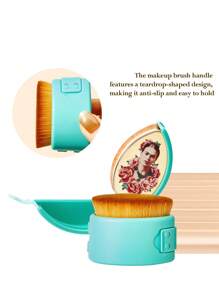 Frida Kahlo X SHEIN 1 pincel de maquillaje de base almacenable con gráficos de figura, cerdas curvadas sin aglomeración, maquillaje rápido, efecto de maquillaje ligero, fácil de almacenar, a prueba de polvo y fácil de transportar, artístico y elegante