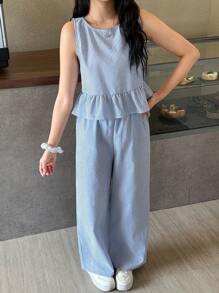 SHEIN TEENGIRL 2 Pieces Casual Set: Loose Fitting Blue & White Striped Sleeveless Top And Long Pants, Suitable For Vacation And Minimalist Style Two Piece Women Sets Girl Co Ord Sets Striped Two Piece Set Casual Two Piece Set Teen Outfit Two Piece - Blue and White - View 3