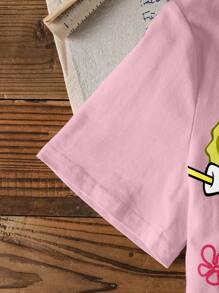 SpongeBob SquarePants | SHEIN 青少年女孩宽松圆领休闲舒适有趣可爱卡通图案短袖 T 恤，夏季 - 白色 - 查看 4