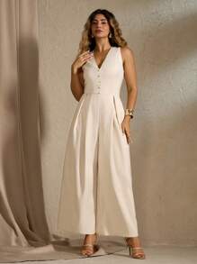 Roveilla Mono elegante de talla grande para mujeres, con escote en V, nudo a la cintura, pierna ancha suelta, sin mangas, estilo romántico francés, apto para vacaciones, oficina o fiesta