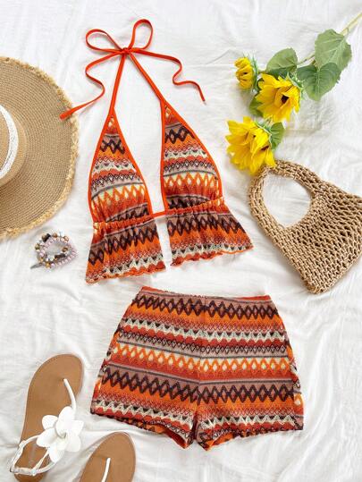 Soleia 2 件女式撞色露背无袖上衣和荷叶边下摆短裤套装，夏季服装