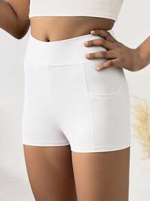 青少年女孩纯色修身休闲骑行短裤，带侧袋