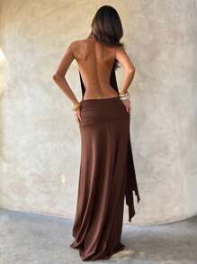 Aloruh Y2K Streetwear Back To School Country Music Festival Concert Beaded Decoration Boho Chic Brown Sexy Holiday Low Neck Knit Dress Chocolate Solid Color Maxi Dress Party Dinner Date Dress Elegant Turtleneck Coffee Color Dress For Women - Coffee - View 2