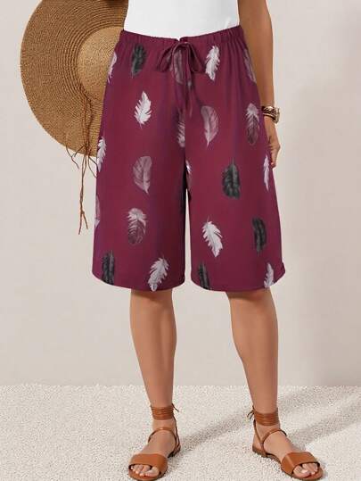 DAZY Plus Size Women Feather Cinched Waist Loose Fit Regular Pants, Suitable For Spring, Summer, Autumn