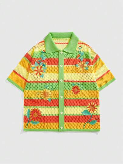 Street Life قميص كنزة مطرز بنقوش نباتية محبوك للرجال للعطلات