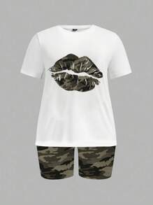 Slaydiva 2pcs/Set Casual Minimalist Camouflage Lip Print Round Neck Short Sleeve Top & Camouflage Pants, Plus Size, Suitable For Summer