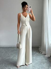 Rafferiza 2 pezzi/set blusa semplice color albicocca casual da pendolare con bottoni frontali e pantalone a zampa d'elefante largo per donne