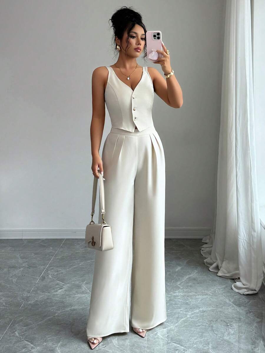 Rafferiza 2 pezzi/set blusa semplice color albicocca casual da pendolare con bottoni frontali e pantalone a zampa d'elefante largo per donne