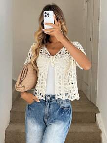 Áo len cardigan buộc dây khoét lỗ màu trơn đơn giản cho kỳ nghỉ, hòa nhạc đồng quê, hòa nhạc dành cho nữ, áo rave mùa hè dành cho nữ - trắng - Xem 4